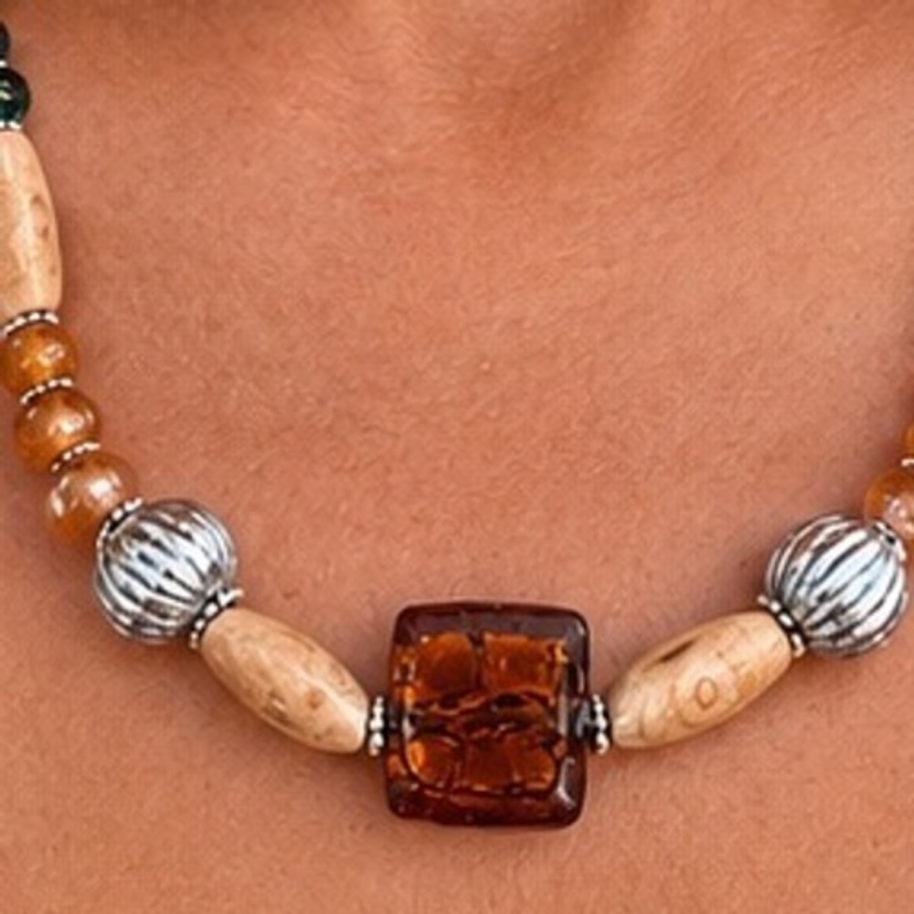 Handmade EarthTone Necklace Wood Acrylic Beaded Honey Glass Silver Boho